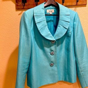 SALE! Eye-catching soft ruffled collar suit jacket in stunning teal color.